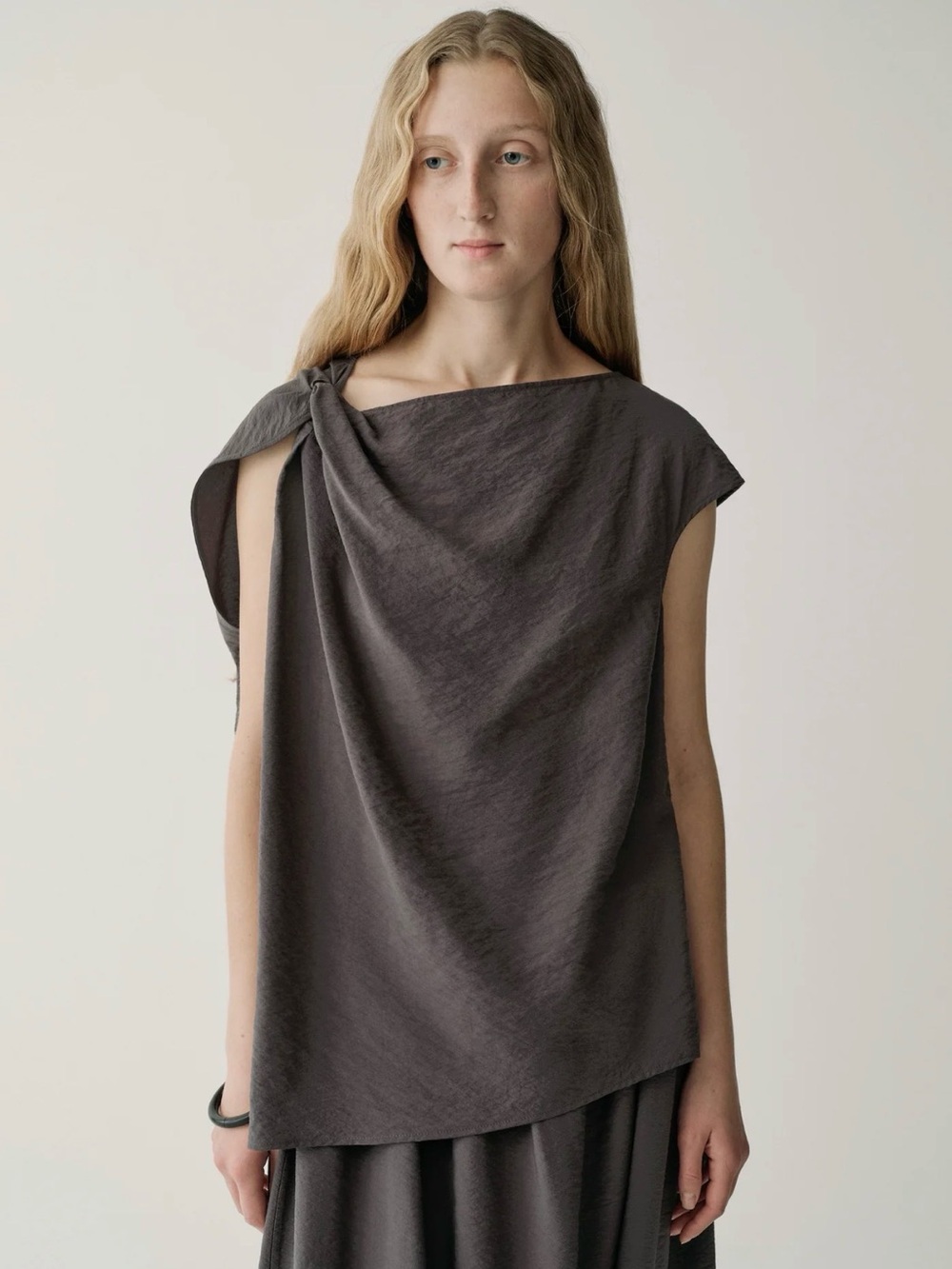 INSIS FEMME Plum Brown  Knot-Shoulder Draped Blouse - Picture 6 of 14